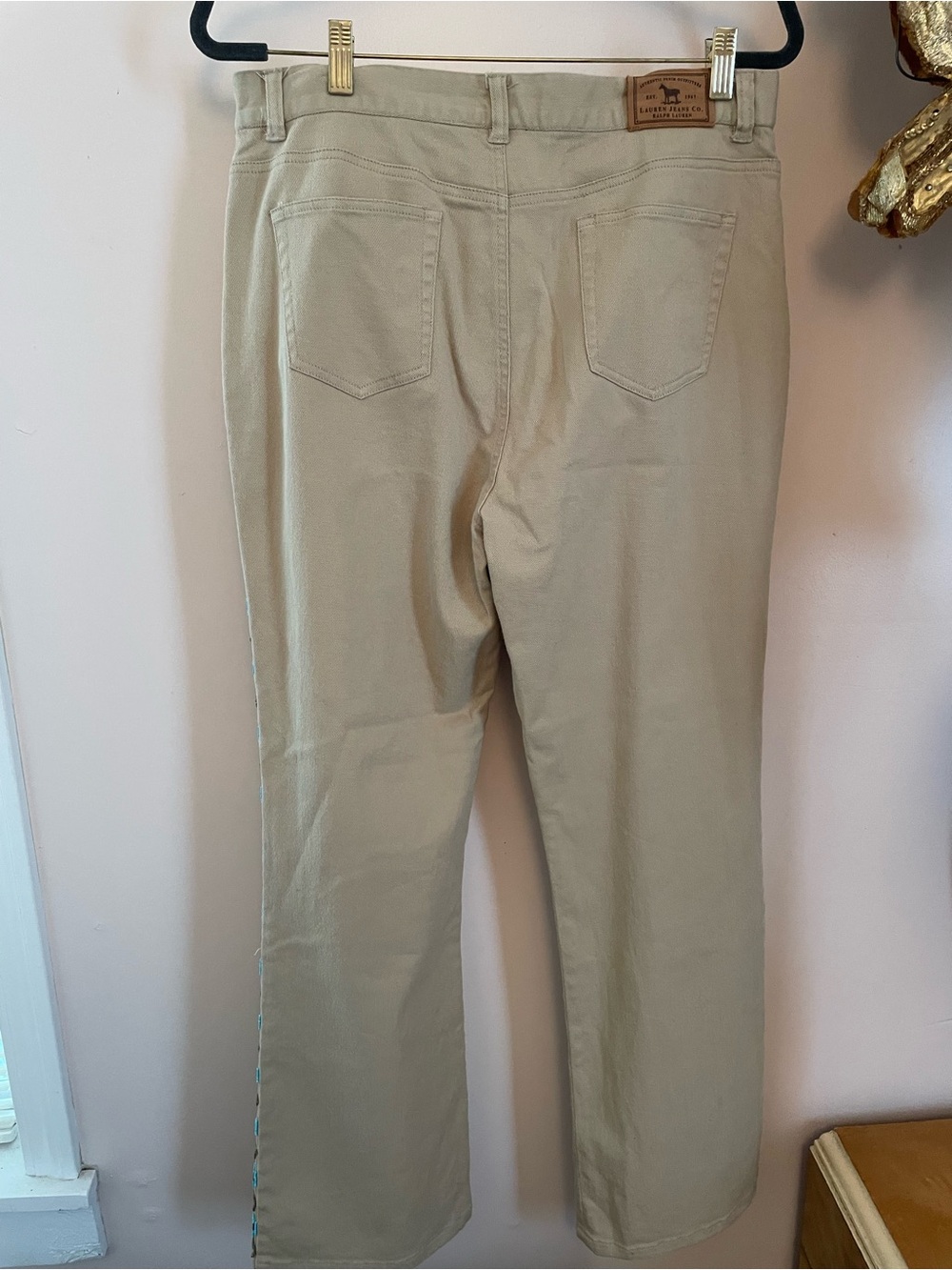 Ralph Lauren Jeans Co. Vintage Tan Jeans w Turquoise Beading Size 12 Made in HK - Picture 8 of 15